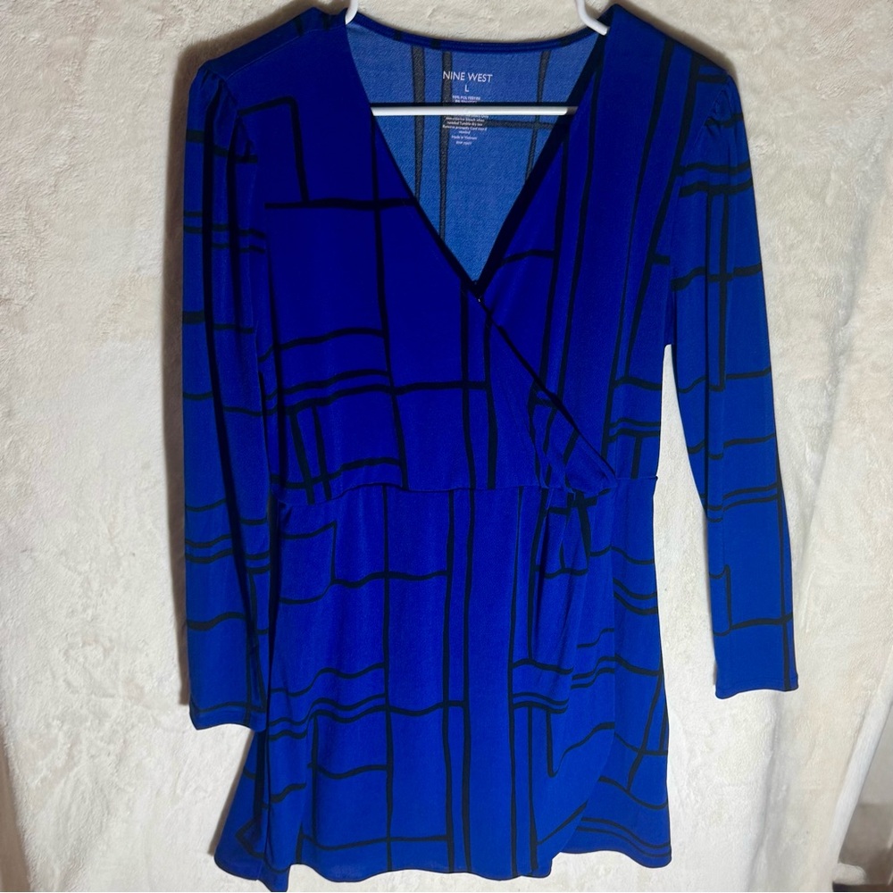 Nine West Royal Blue & Black Geometric Grid Faux Wrap Dress - Size Large